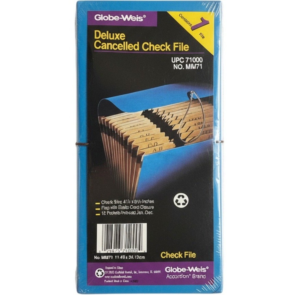 Globe-Weis Deluxe Cancelled Check File Blue 12 Pocket Accordion MM71 NEW